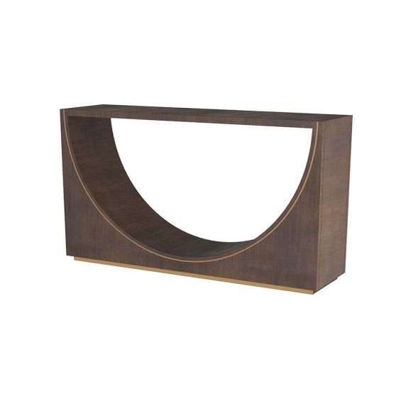 Console table with inverted arched umber oak veneer base and antique brass inlay