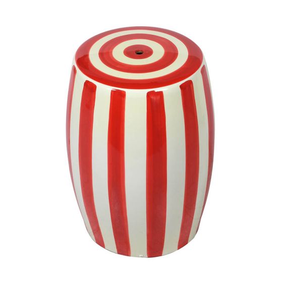  this stool features a striking red and white striped design