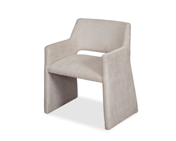 Upholstered taupe dining chair with wrap-around back