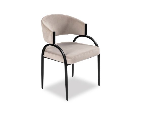 Elegant light grey upholstered dining chair with arched black steel legs