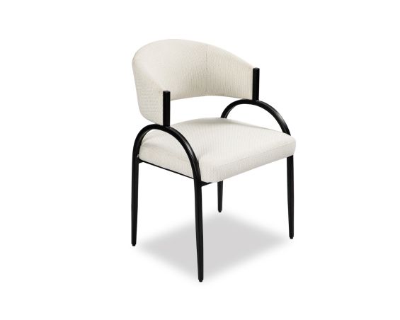 Elegant beige upholstered dining chair with arched black steel legs