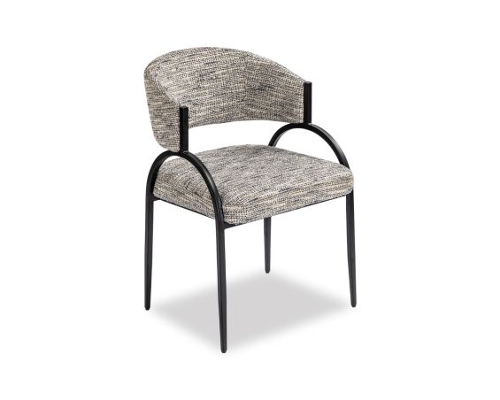 Elegant textured grey upholstered dining chair with arched black steel legs