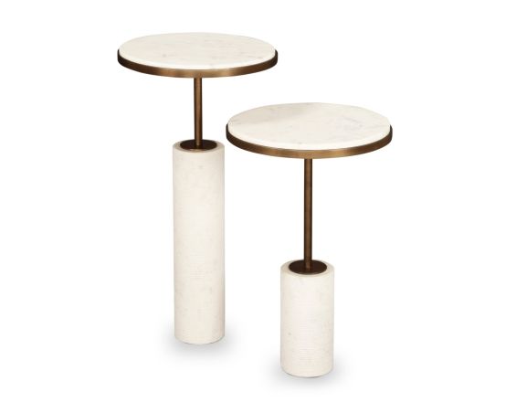 Pair of slender silhouette side tables with round, white marble top