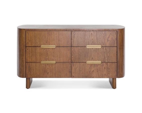 Contemporary warm brown wood chest of 6 drawers with rounded edges and brass details