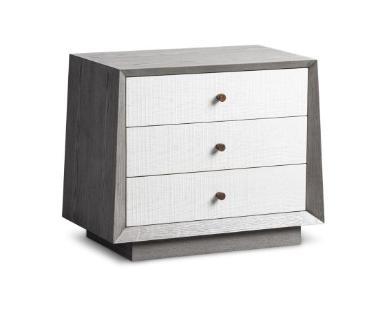 A luxury bedside table with a grey and white wood finish