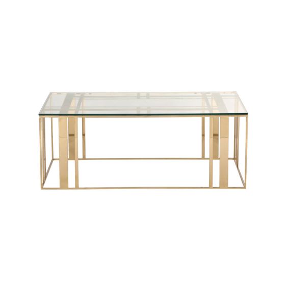 Modern coffee table with polished brass finish and tempered glass surface