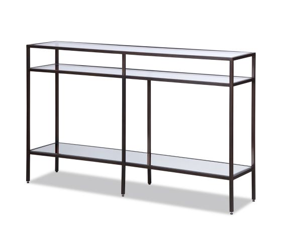 Bronze-finished console table with glass shelving