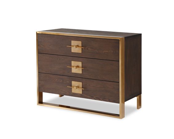 Stylish chest of drawers with dark brown veneer and brass handles