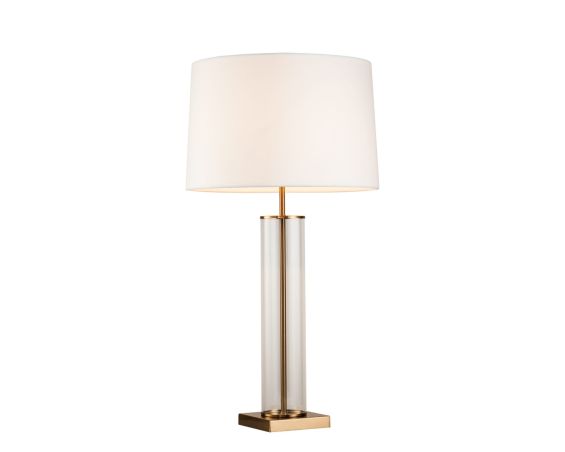 Contemporary table lamp with glass tube design and antique brass finish