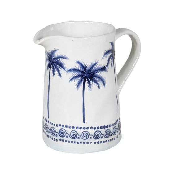 white pitcher/jug with blue painted palm trees