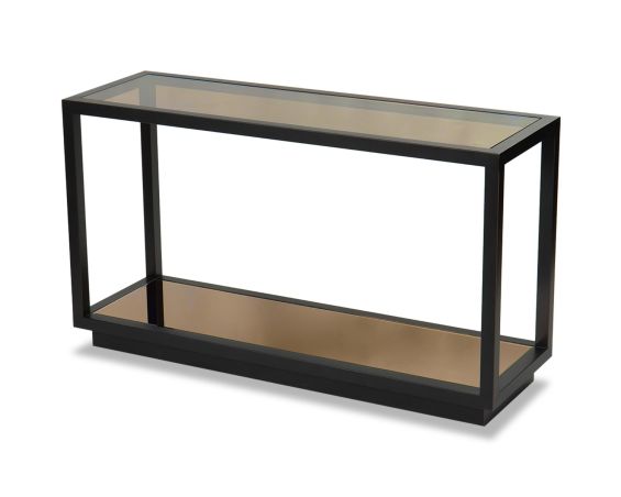 Cube console table with subtleties of rich bronze and Cubist geometry