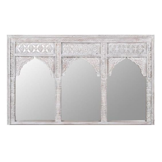 Trio of three combined wall mirrors in white washed wood with intricate carvings