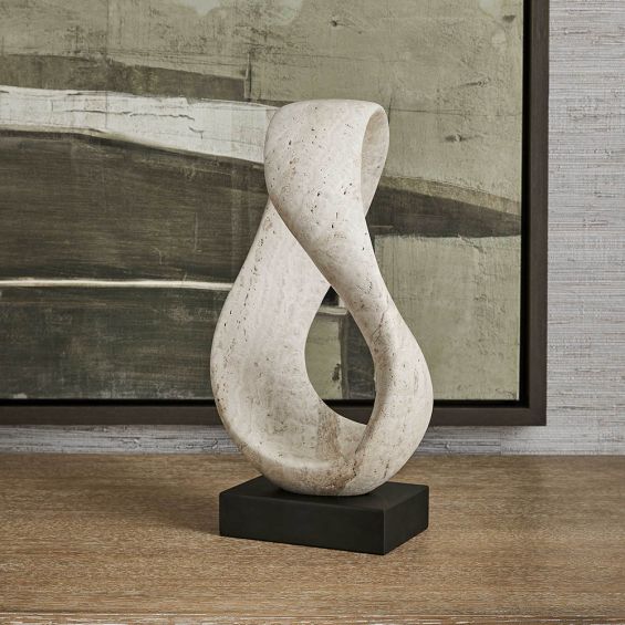 Twisted travertine texture sculpture on black block base