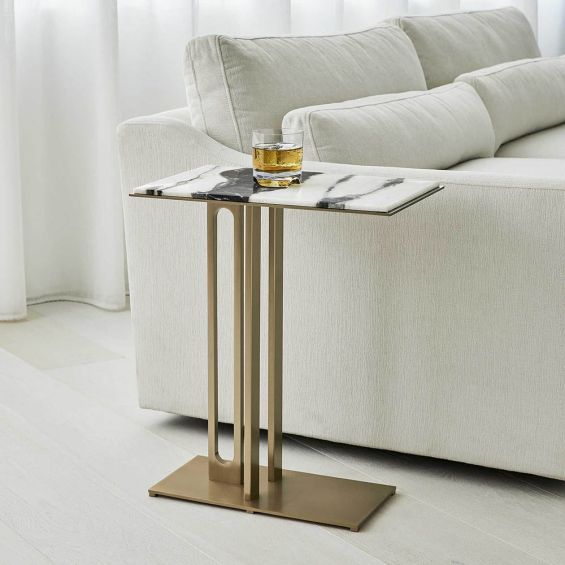 Brass base side table with black and white marble top