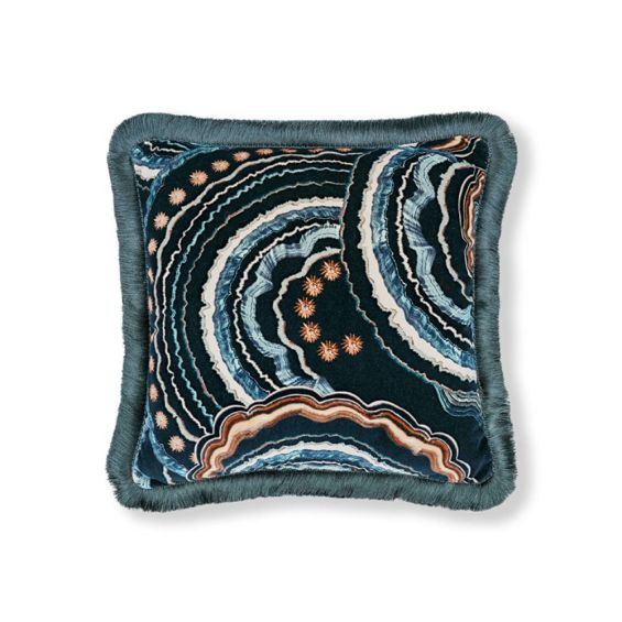 Black cushion with blue and brown swirls and fringe detail