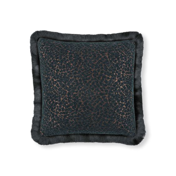 Black boucle cushion with fringe and mustard reverse 