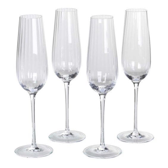 Set of 4 ribbed glass champagne flutes 