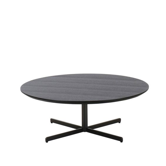 Black wooden circular coffee table with metal legs