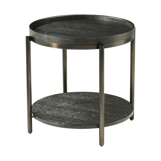 Charcoal finish round side table with tray top and dark brass frame