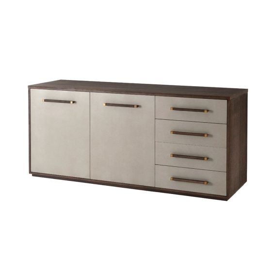 Elegant cabinet with grey leather and brown wood finish