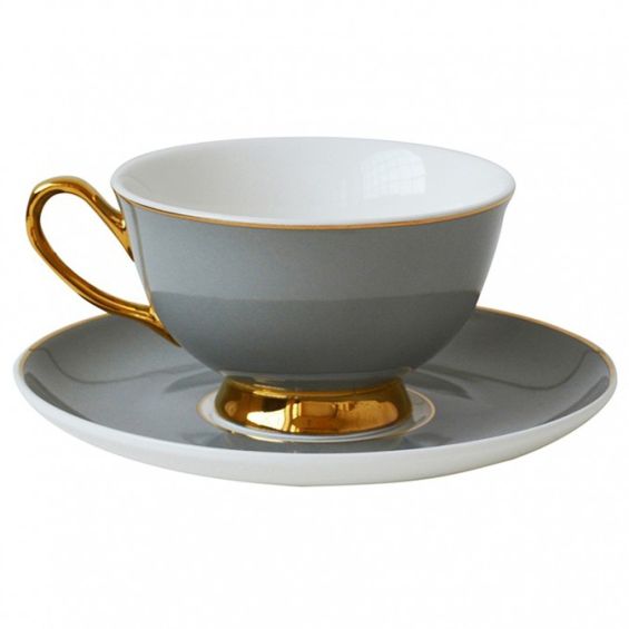 Dove grey teacup and saucer with gold detailing