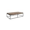 Rectangular coffee table with black metal legs and brown wooden tabletop