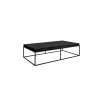 Rectangular coffee table with black metal legs and black wooden tabletop