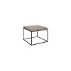 Square side table with black metal legs and wooden tabletop