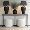 Console table with black metal frame and solid oak tabletop