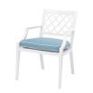 white dining chair with arms and a blue and white seat cushion - suitable for outdoor