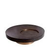 Round coffee table with dark wood top, sunken circular detail and gold accents