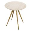 Side table with four brass finish legs and a round travertine top