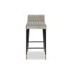 Square bar stool with upholstered in light grey fabric with fluting details