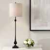 Traditional style lamp with dark base and cream fabric shade.