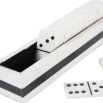 Black and white domino set in striped box