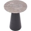 Black metal base side table with circular travertine marble top