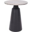 Black metal base side table with circular travertine marble top