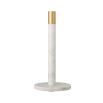 An elegant white marble and brushed brass kitchen paper towel holder