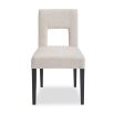 Beige dining chair with square cut out shape in backrest and luxurious linen upholstery