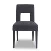 Dark grey dining chair with square cut out shape in backrest and luxurious linen upholstery