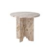 brown marble side table with three interlocking legs and round top