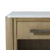 Light brown wood bedside table with exposed shelf and marble style top