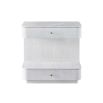 White textured bedside table with upper and lower drawer and display shelf