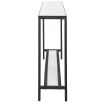 Sleek black metal console table with glass top