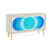 White console table with blue circle pattern