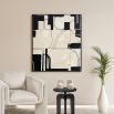 Contemporary artwork with ivory background and abstract black design.