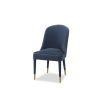 Blue velvet dining chair accented with golden-capped tapered legs