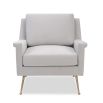 Square shaped lounge chair upholstered in grey velvet with brass legs