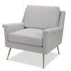 Square shaped lounge chair upholstered in grey velvet with brass legs