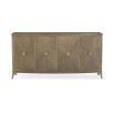 A contemporary curved credenza with an ash-inlay design 